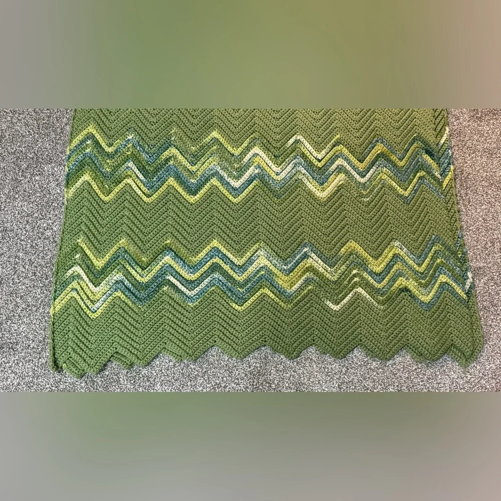 Handcrafted 82 x 36 Inch Chevron Afghan Multicolored Greens - New
